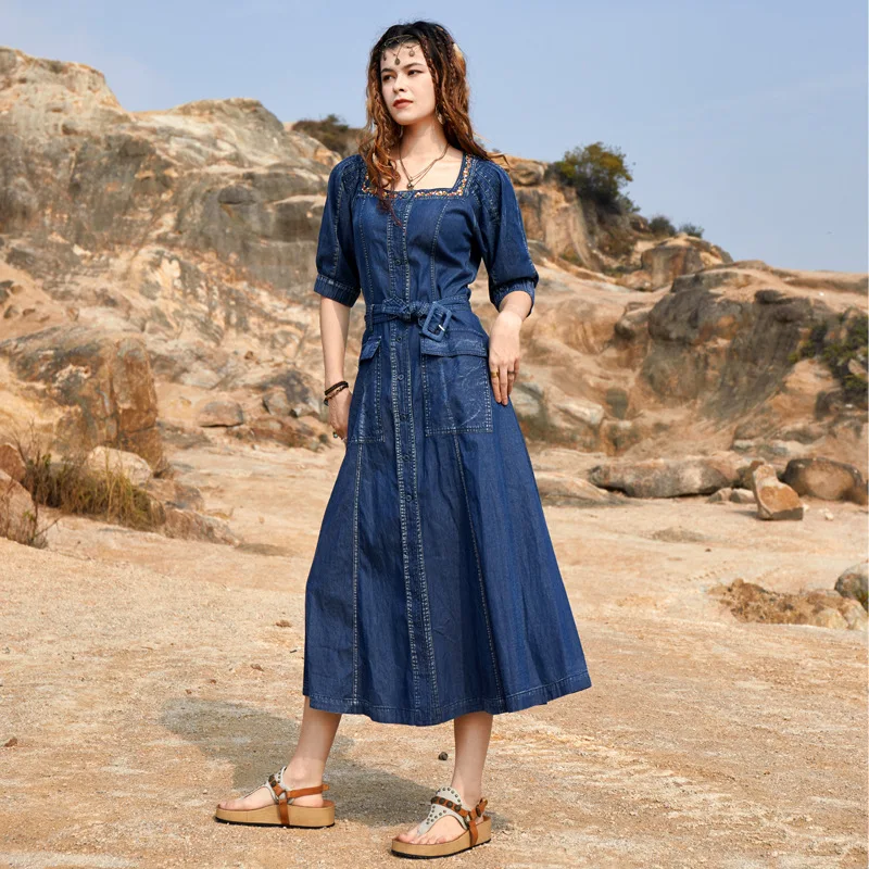 

AYUALIN Vintage Square Collar Denim Dress for Women Half Sleeve Boho Maxi Summer Dresses 2022 Holiday Casual Loose Vestidos