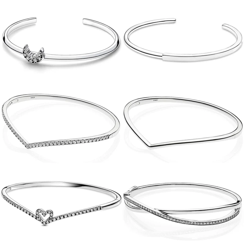 

Sparkling Heart Wishbone Wish Crescent Moon Open Entwined Bangle 925 Sterling Silver Fit Fashion Bracelet Bead Charm Diy Jewelry