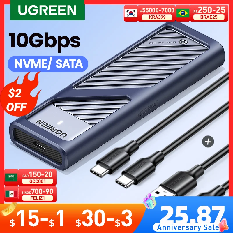 UGREEN M2 SSD Case M.2 NVMe SATA SSD Enclosure Adapter 10Gbps USB 3.2 Gen2 USB C External Enclosure Supports M and B&M Keys orico m2 ssd case nvme usb type c gen2 10gbps pcie ssd enclosure m 2 nvme enclosure m 2 sata ngff 6gbps solid state drive case