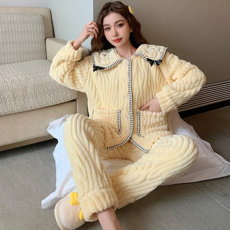 Winter Pajamas, Women's Thick Coral Velvet Cardigan, Long Sleeved, Extra Fat, and Two Piece Home Clothing Set