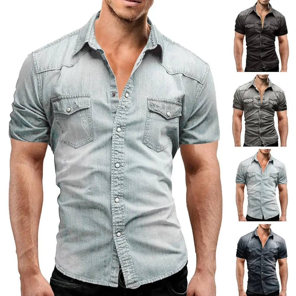 

Классическая офисная рубашка, тонкая Вшитая Облегающая джинсовая мужская рубашка с коротким рукавом, термостойкая летняя рубашка, повседневная одежда