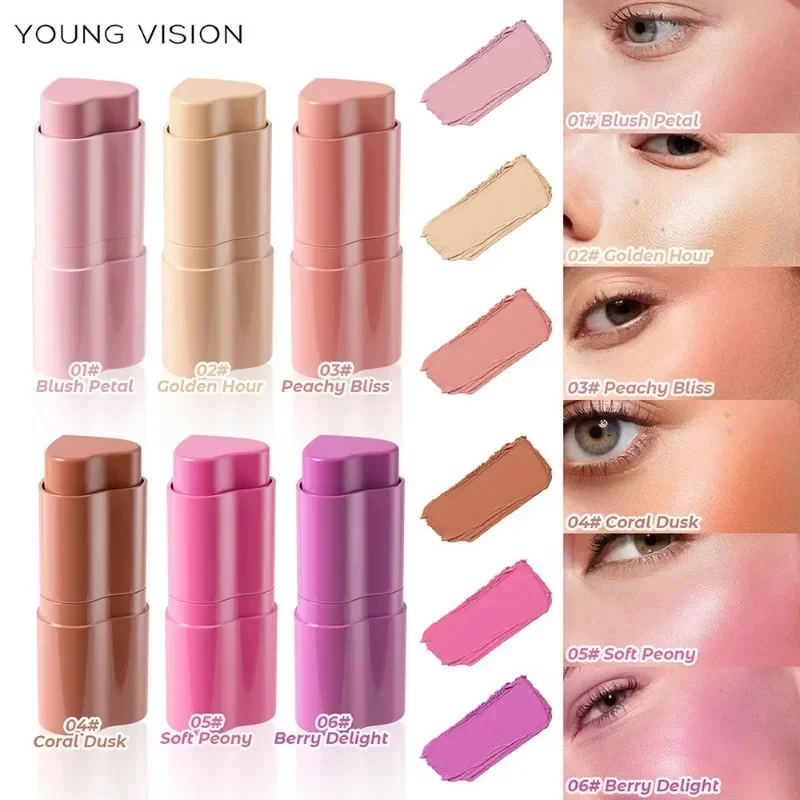 Cream Blush Stick Multi-purpose Heart-shape Blush Cream Stick Shadow Blush Lipstick 3 in 1 Contour Stick Peach Cheek Tint Makeup 5