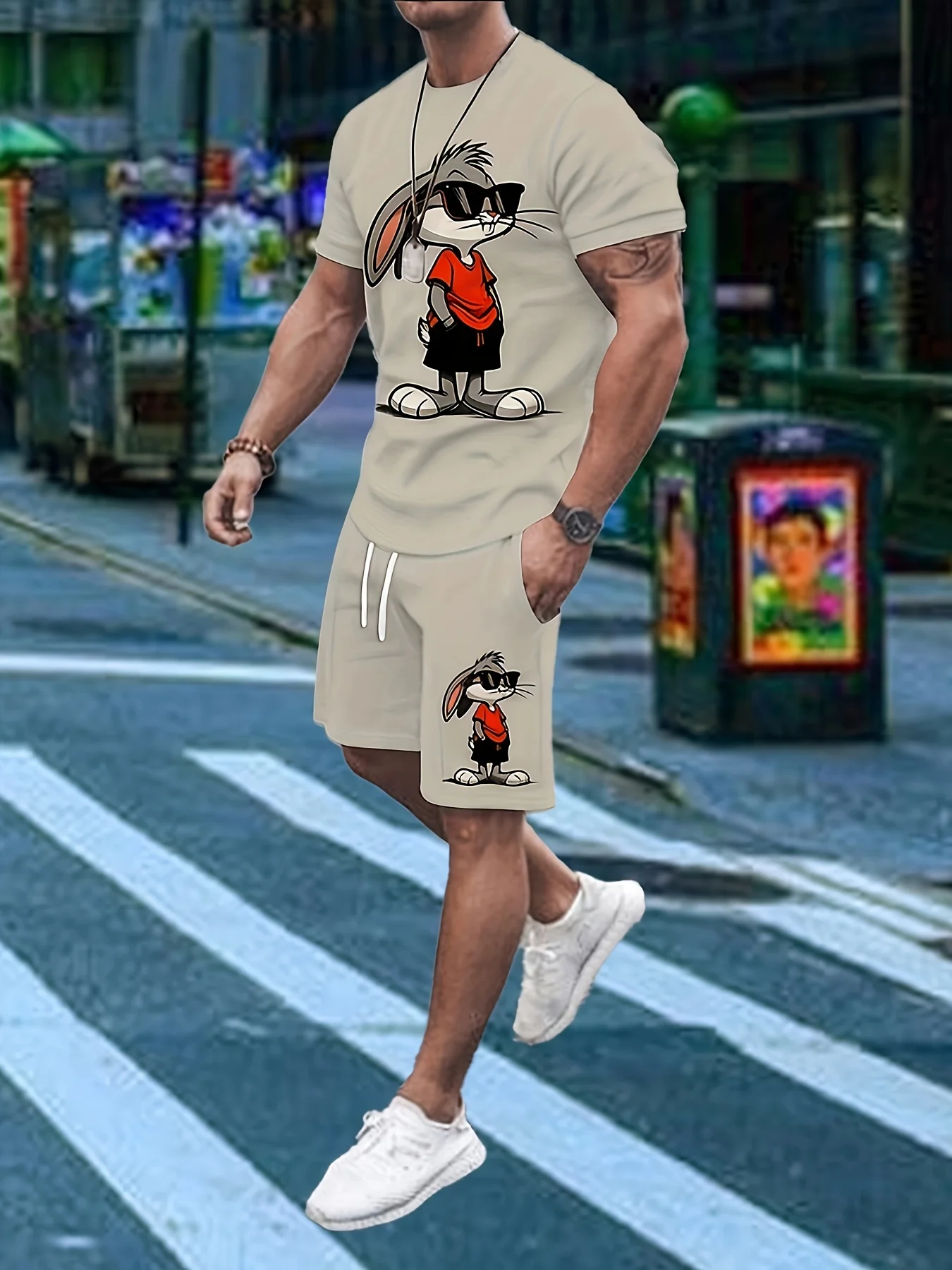 3D Cartoon Teddy Bear Print Men's T-shirt Shorts Set, Summer Casual Everyday Men's Short-sleeved Outdoor Street Men's Shorts 2