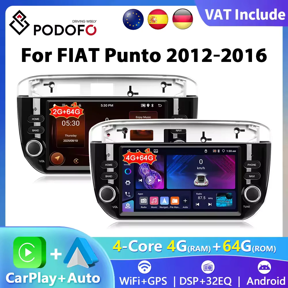 Podofo 7" 2Din Car Radio for Fiat Punto 2012-2015 Multimedia Player CarPlay Android Auto Intelligent System Bluetooth GPS WIFI
