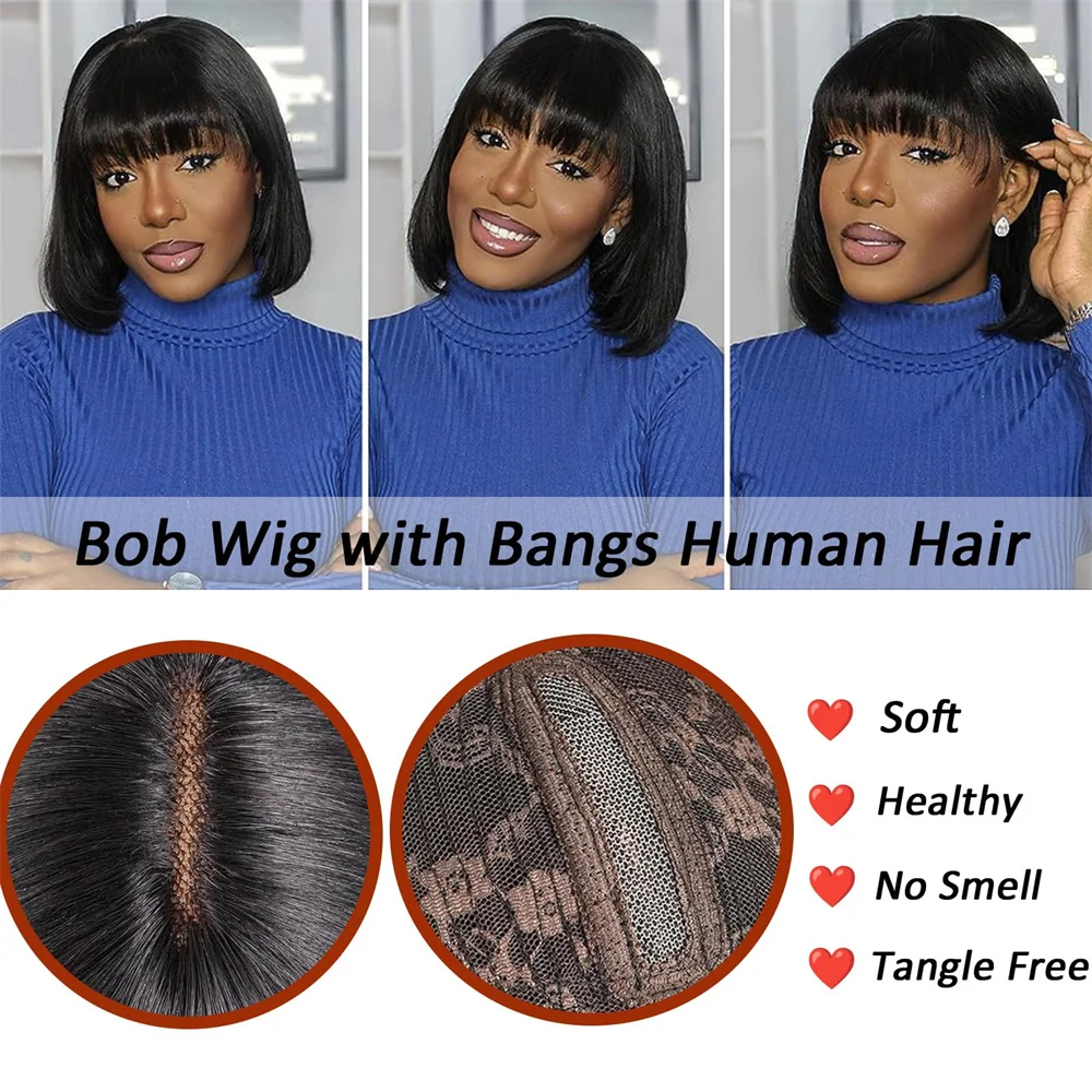 3X1 Middle Part Lace Straight Short Bob Wig With Bangs Human Hair Glueless