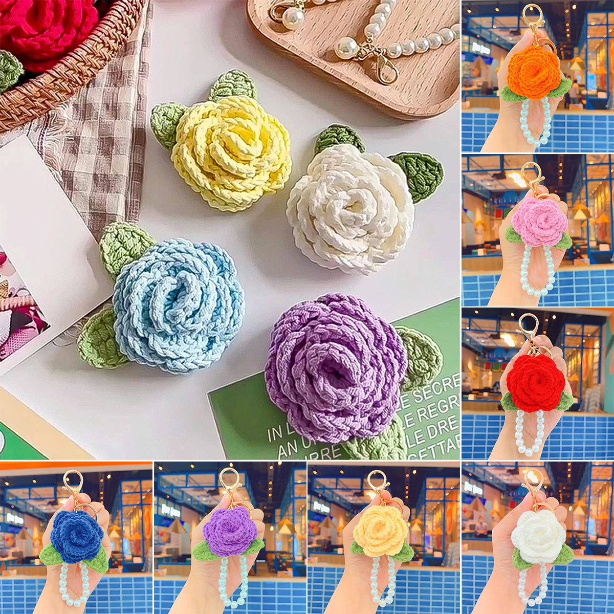 New Crochet Rose Camellia Flowers Keyrings Imitation Pearls Chain Keychain Women Girls Key Chains Rings Charm Bag Gifts 4