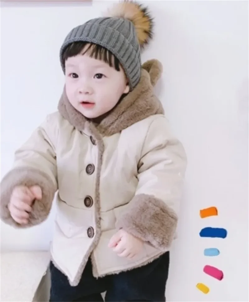 Boys Down Padded Outerwear Winter Children Cotton Jacket Baby Warm Plus Velvet Coat Kids Fleece Solid Hooded Fashion Parkas