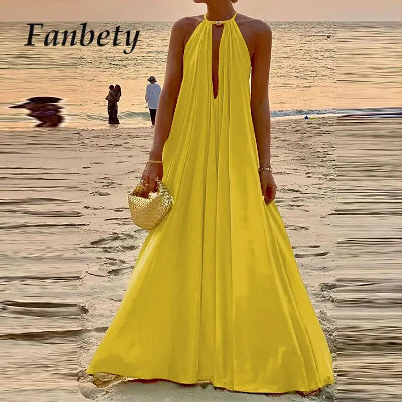 

2023 Chic Women Pleated Beach Big Hem Dresses Elegant Sleeveless Solid Maxi Dress Sexy Female Hollow O Neck Loose Halter Dress