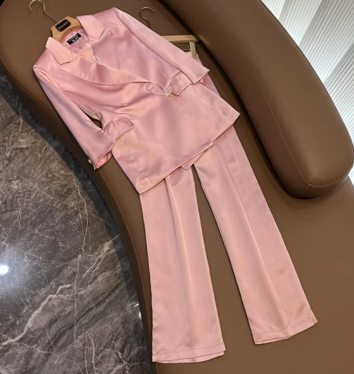 

High Quality Satin Lady Office Work Wear Pink Suit Three Quarter Sleeve Blazer Wide Leg Pants Women Solid 2Pcs