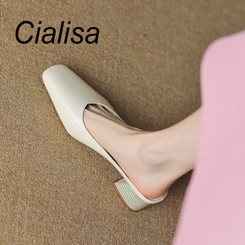 

Cialisa Slippers Square Toe Mules Real Leather Women Shoes 2023 Summer Concise Handmade Apricot High Heels Outdoor Slippers New