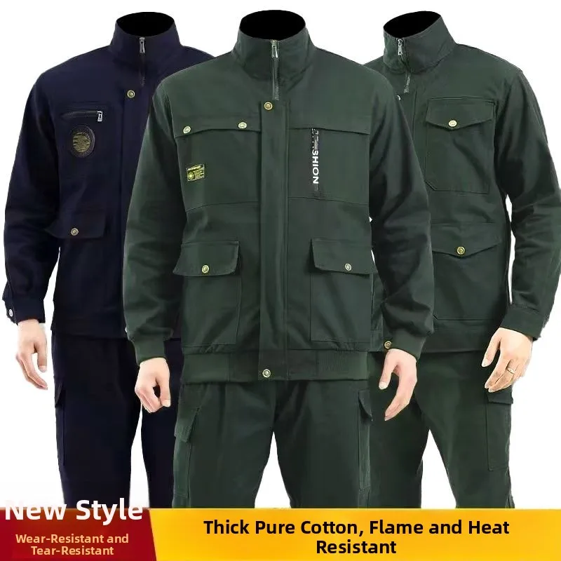 Men's Thiened Pure Cotton Workwear Set Camouflage Pants for Welding Auto Repairing Anti-Heat Wear Resistant Work orm