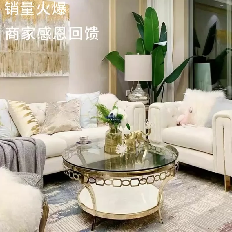 

American light luxury glass coffee table modern simple creative living room stainless steel carved coffee table