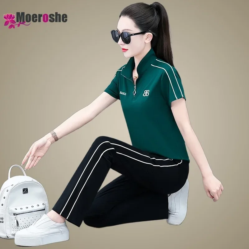 

Женская рубашка-поло, Новинка лета 2024, облегающие рубашки с коротким рукавом и брюки, повседневный комплект из двух предметов, комплект спортивной одежды на молнии