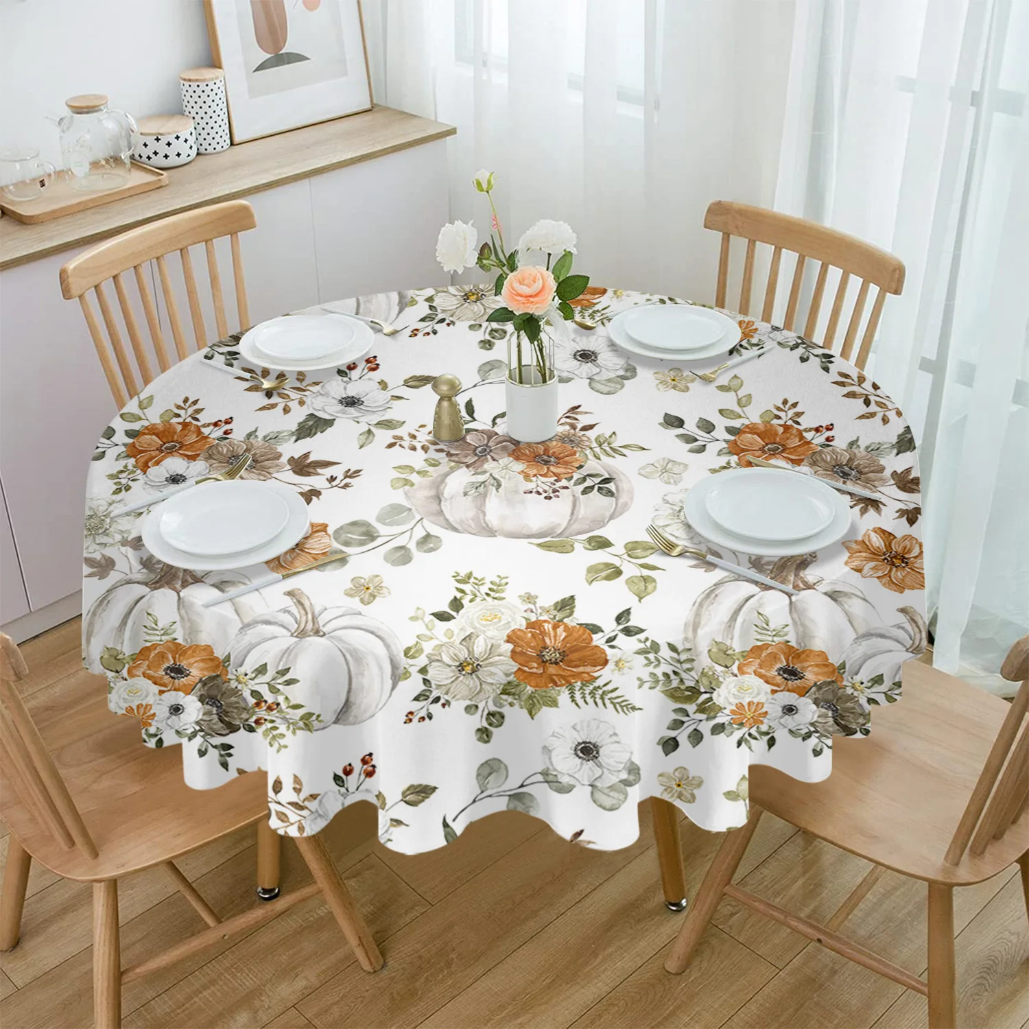 

Autumn Pumpkin Flower Eucalyptus Leaf Round Tablecloth Wedding Hotel Table Cover Holiday Dining Table Waterproof Tablecloth