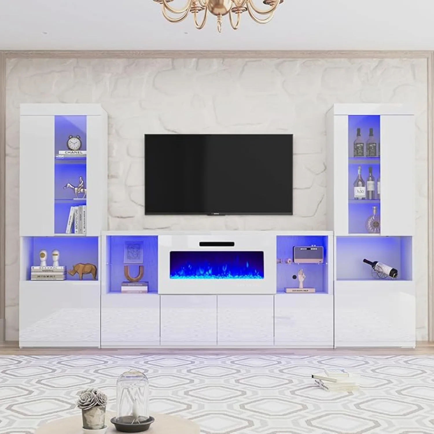 3 Piece Modern High Gloss Fireplace TV Stand + Bookcase Set Includes 68" TV Stand with 40" Fireplace, 2 X Bookcase w/ Doors