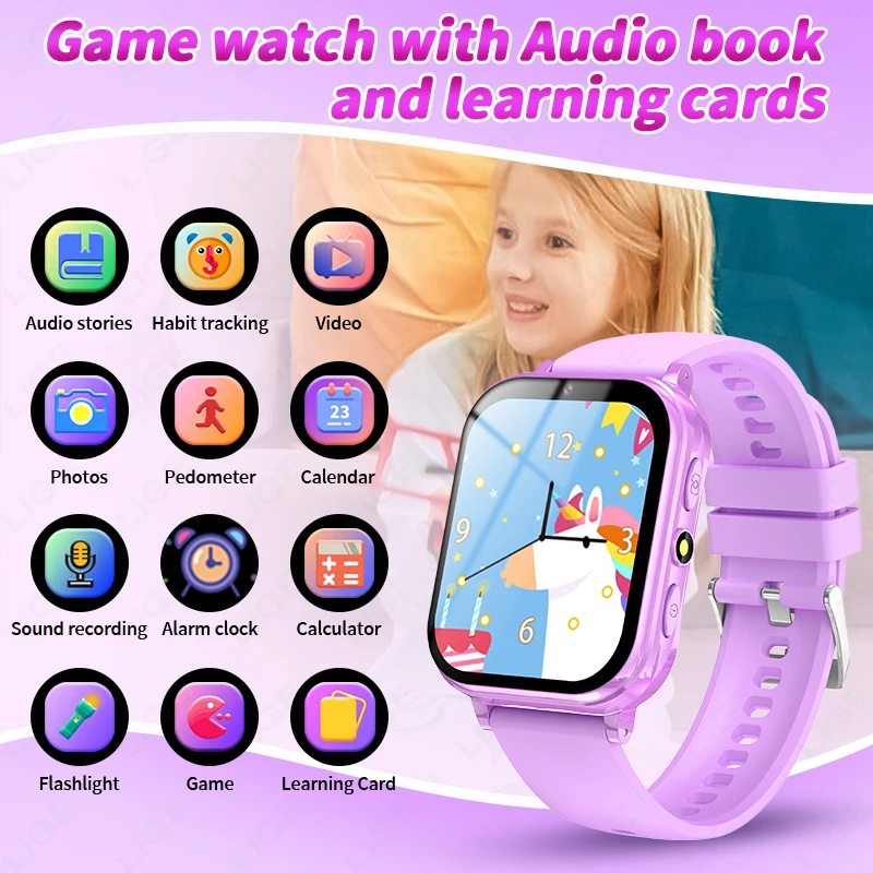 LIGE Kid Digital Smart Watch Student Children LED Flashlight Audio Stories Video Camera Puzzle Game Smartwatch Boys Girls Clock