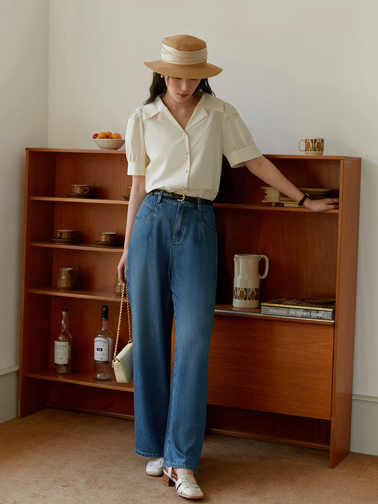 DUSHU 100% Lyocell Fiber Thin Retro High Waist Wide-leg Jeans for Women Summer Straight Tube Loose Light Jeans for Female