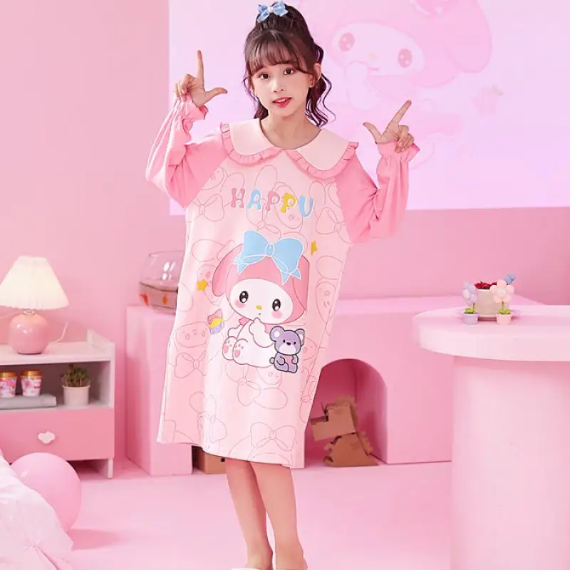

Cartoon Kuromi Nightgowns Home Leisure Wear Spring Autumn Anime Cinnamoroll Dresses Cute Girls Short Sleeve Homewear Girl Gift
