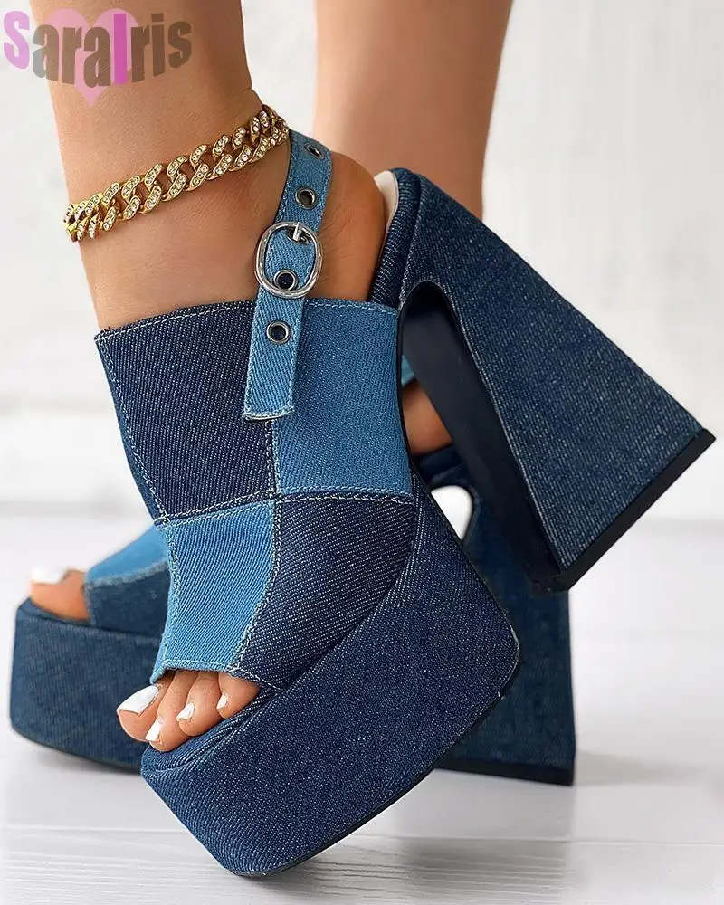 

2023 Summer New Women's Sandals Platform Block High Heels Peep Toe Back Strap Denim Sandals For Female Trendy Shoes Woman