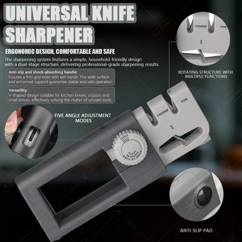 WXCOO 3단계 다기능 칼갈이 (칼과 가위용) 휴대용 칼갈이 도구 공간 절약형 디자인