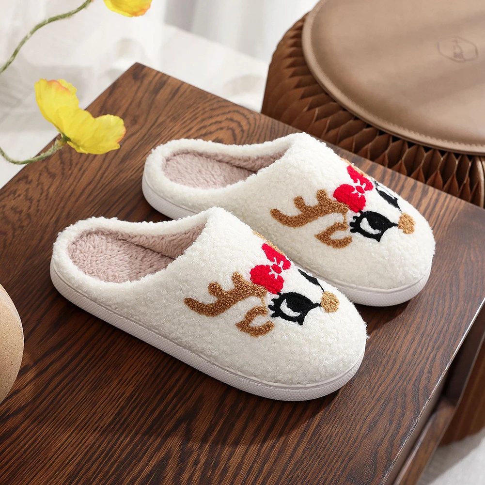 Reindeer Fuzzy Indoor Slippers Cartoon Plush Closed Toe Slippers Cute Plush Slip-on House Shoes with Red Bow for Winter Indoor