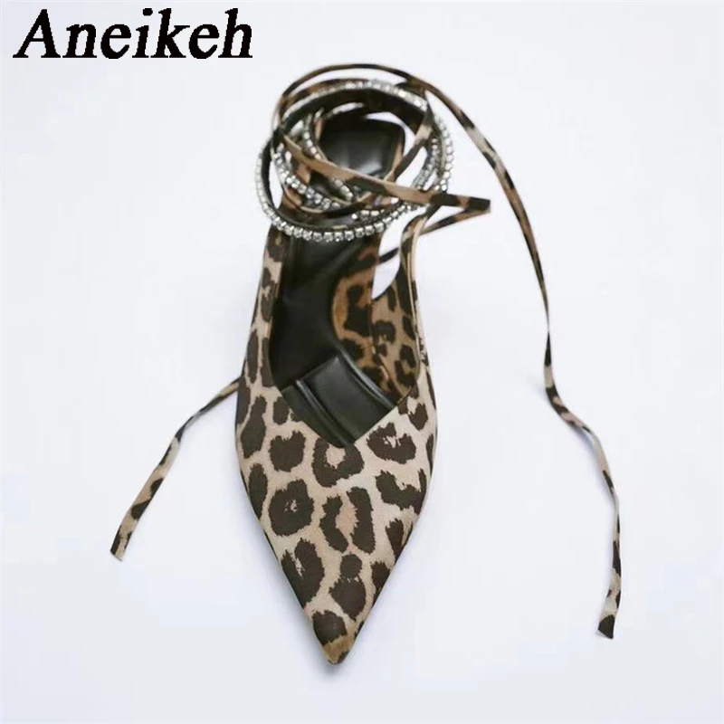 

Aneikeh2024 весенне-осенние женские модные сексуальные туфли на высоком каблуке с кристаллами на шнуровке из флока с леопардовым принтом и острым носком