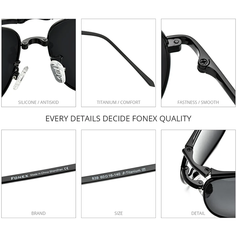 FONEX Pure Titanium Polarized Sunglasses Men Folding Square Sun