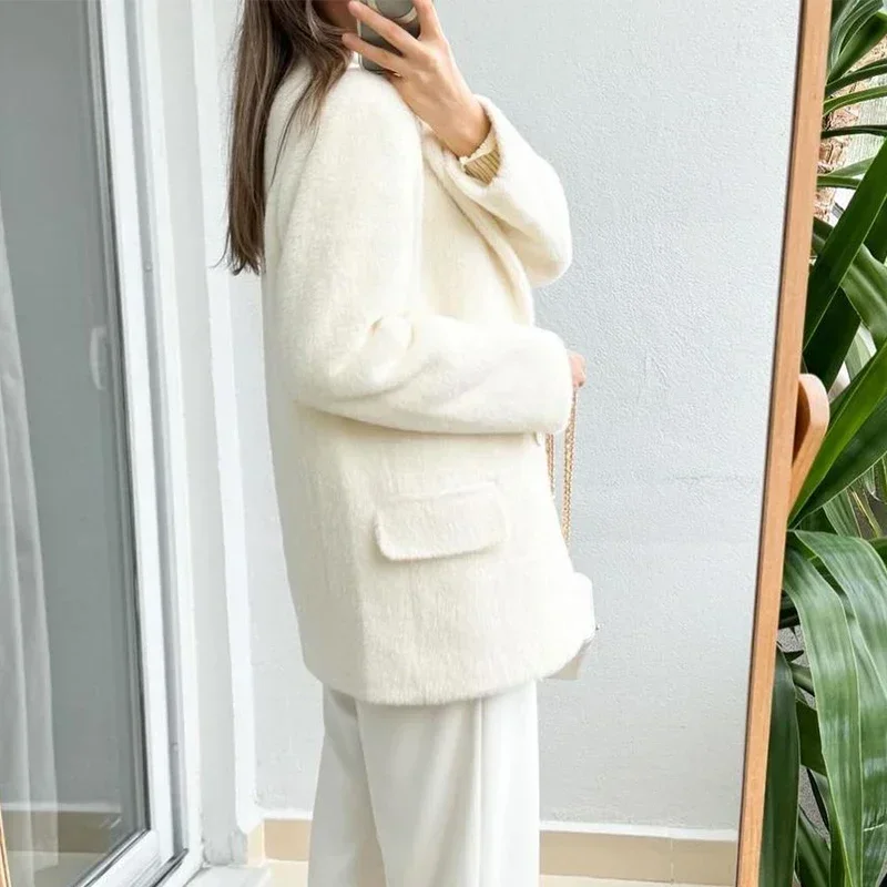 White Mohair Blazer Coat Women Loose Lapel Single-breasted Long Sleeve Thick Warm Jackets 2025 New Office Lady Street Outerwear 12 White Mohair Blazer Coat Women Loose Lapel Single-breasted Long Sleeve Thick Warm Jackets 2025 New Office Lady Street Outerwear