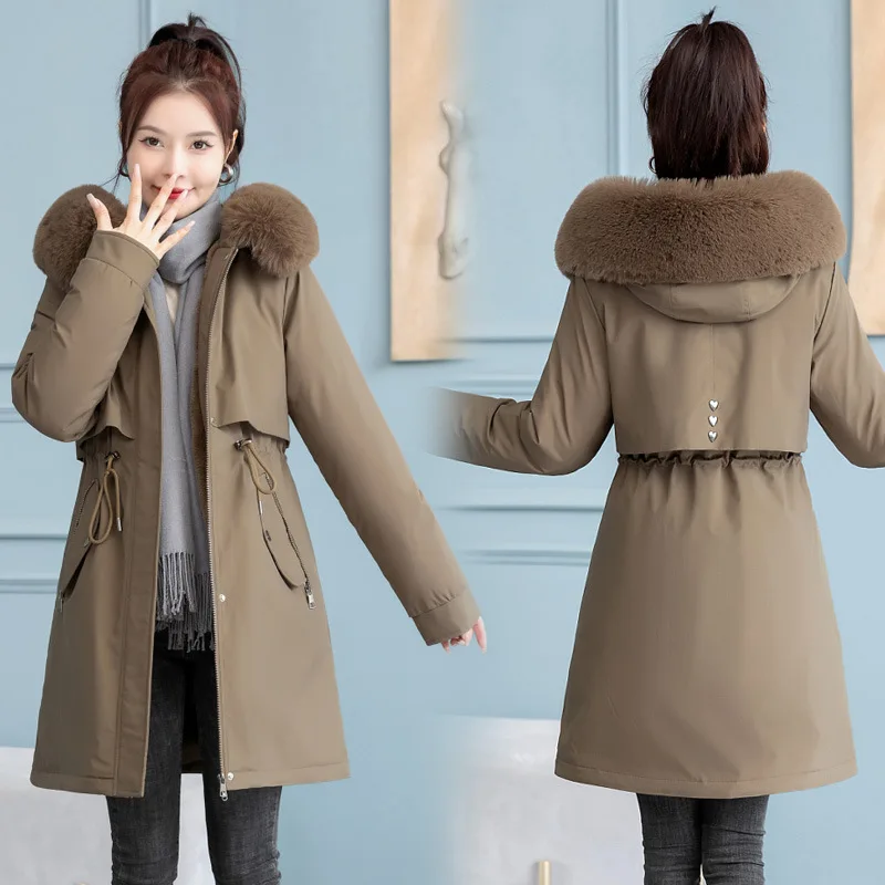 

Парка женская с меховым воротником и капюшоном, плотная теплая верхняя одежда средней длины на молнии, с завязками и завышенной талией
