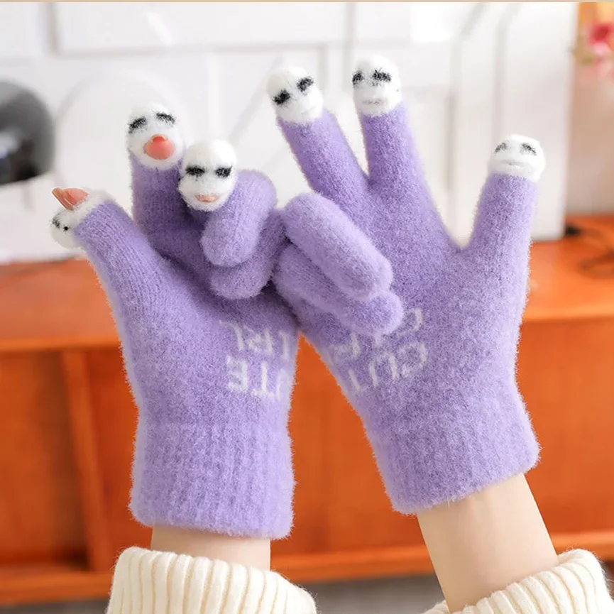 

Winter women's warm gloves thickened outdoor leakage finger students touch screen cold-proof woolen knitted gloves cute Korean v