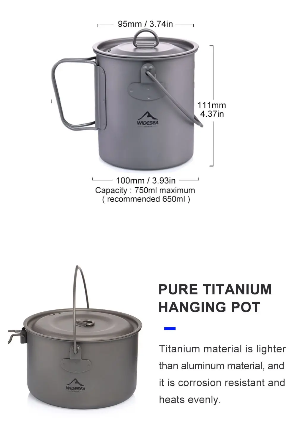 Wideea Camping Geschirr Titan Kochgeschirr Set Tourismus Kessel Outdoor Kochtopf Bratpfanne Picknick Küche Wandern Trekking – Detail 3