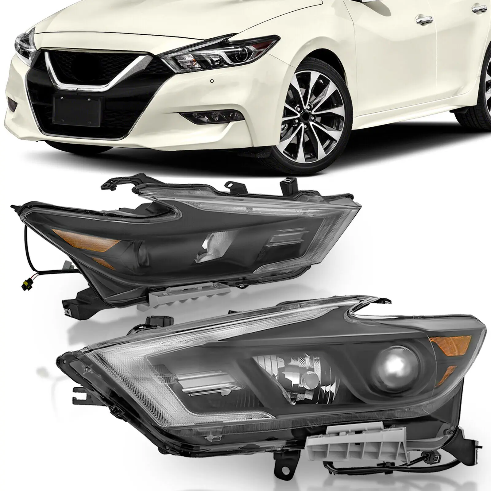 

For 2016-2018 Maxima S SL SV Black Projector Headlight Assembly With DRL LED Left Driver +Right Passenger Side