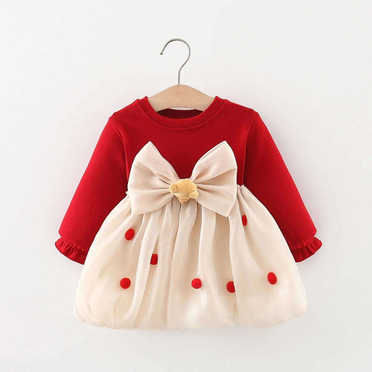 Spring and autumn girls' dresses baby clothes teddy bear bows fur ball mesh patchwork, long sleeved dresses