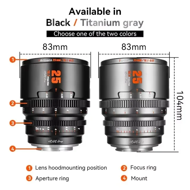 7artisans S35 프레임 10 16 25 35 50 85mm T2.1 Hope Prime 시네 렌즈 ( FX30, RED GH9, 후지필름 XT5, 캐논 RF, M43 용)