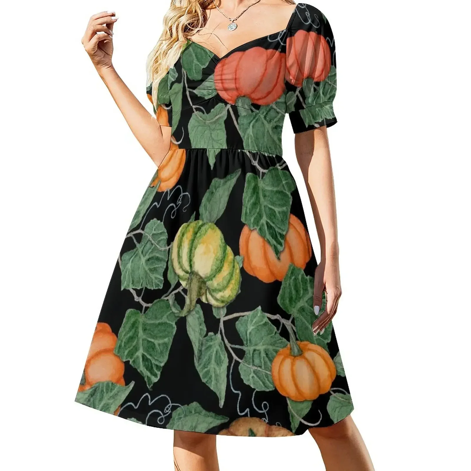 Vestido de manga corta con parche de calabaza, falda de verano, traje de verano para mujer, vestido largo, vestido de fiesta de lujo para mujer