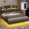 Floating Queen Bed Frame with Charging Station & Hidden Storage Headboard, RGB Floating Platform Bed Dark Grey 1