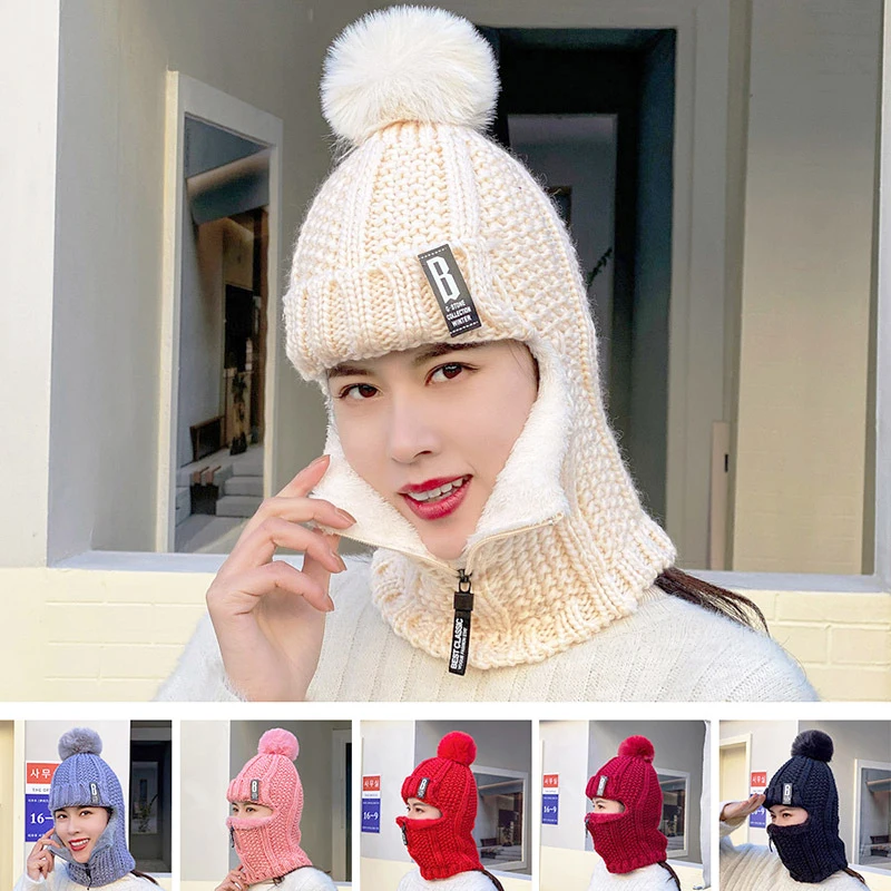 New Winter Knitted Zipper Scarf Hat for Men Women's Outdoor Cycling Thicken Neck Warm Ear Protection Wool Plush Pullover Cap