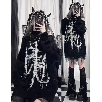 Subculture Punk Style Long Sleeve Pullovers Women Casual Slash Neck Y2K Sweaters American Vintage Slim Fit Girl Clothing Autumn 1
