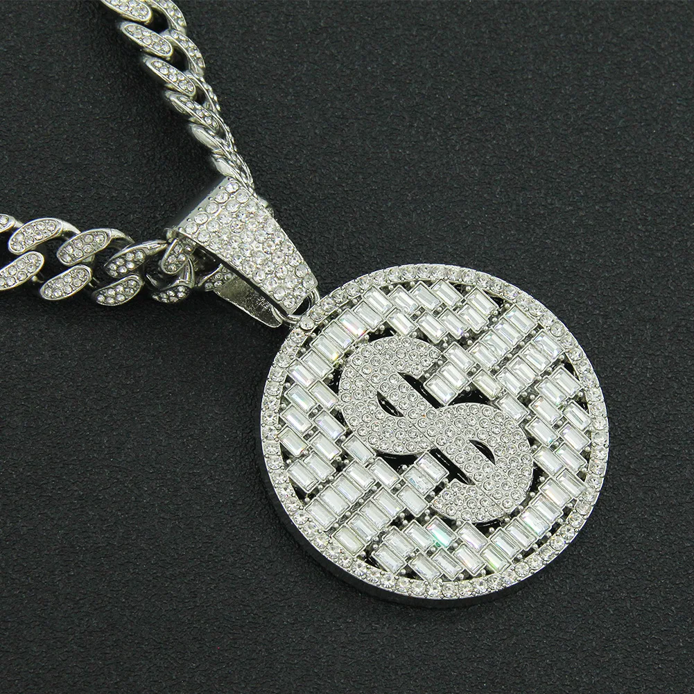 

Iced Out Cuban Chains Bling Diamond USD DOLLAR Rock Rhinestone Pendant Mens Necklaces Gold Charm Hip Hop Jewelry for Male Choker