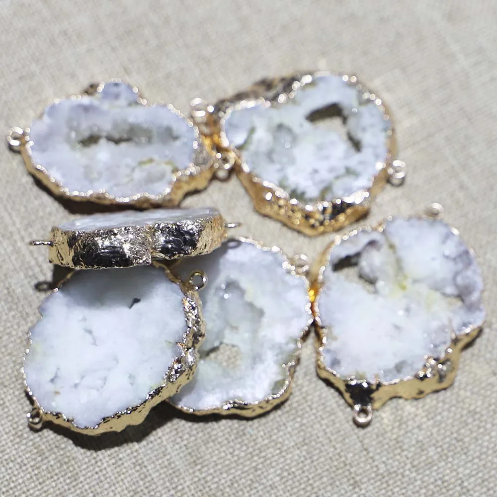 Natural Stone White Agates Irregular Pendants Slice Double Hole Connector Jewelry Making DIY Necklaces Bracelet Accessories 6Pcs