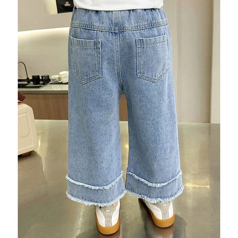 Girls Wide Leg Embroidered Jeans Pants for Kids