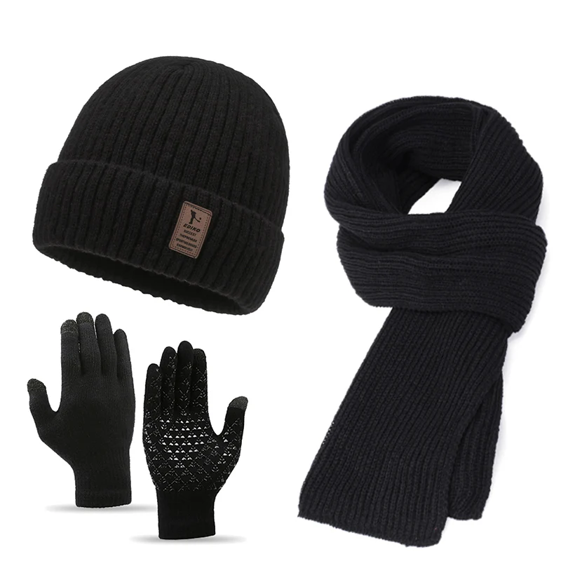 Winter Accessories Men's Three-Piece Fleece Scarf Neck Guard Knitted Beanie Riding Windproof Hat
