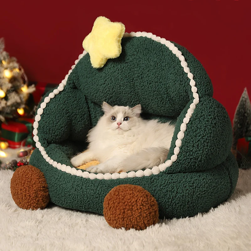 

Xmas Tree Cat Nest Winter Warmth Removable and Washable Cat Nest Seasonal Universal Closed Pet Nest Christmas Decoration