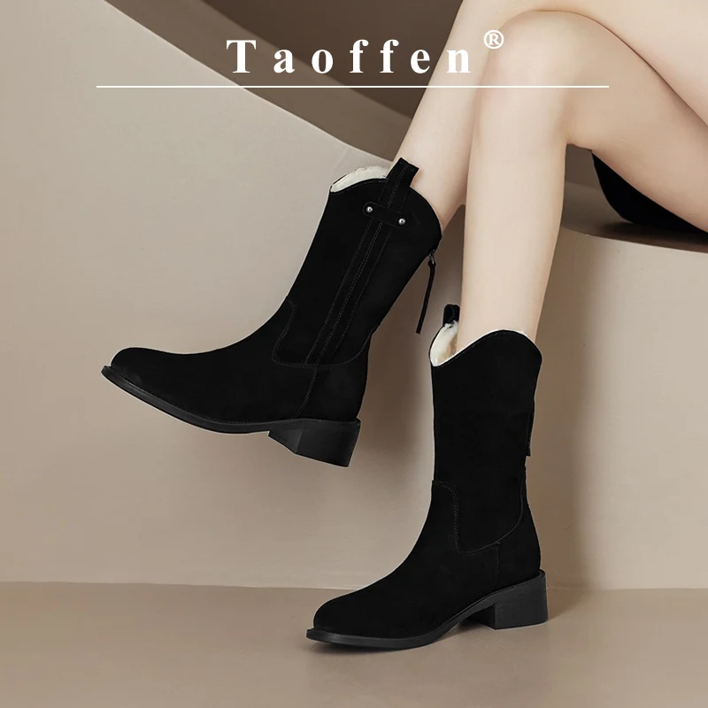

Taoffen Winter Snow Boots For Women Keep Warm Wool Square Heel Retro Commute Shoes Cow Suede Round Toe Zipper Office Lady Shoes