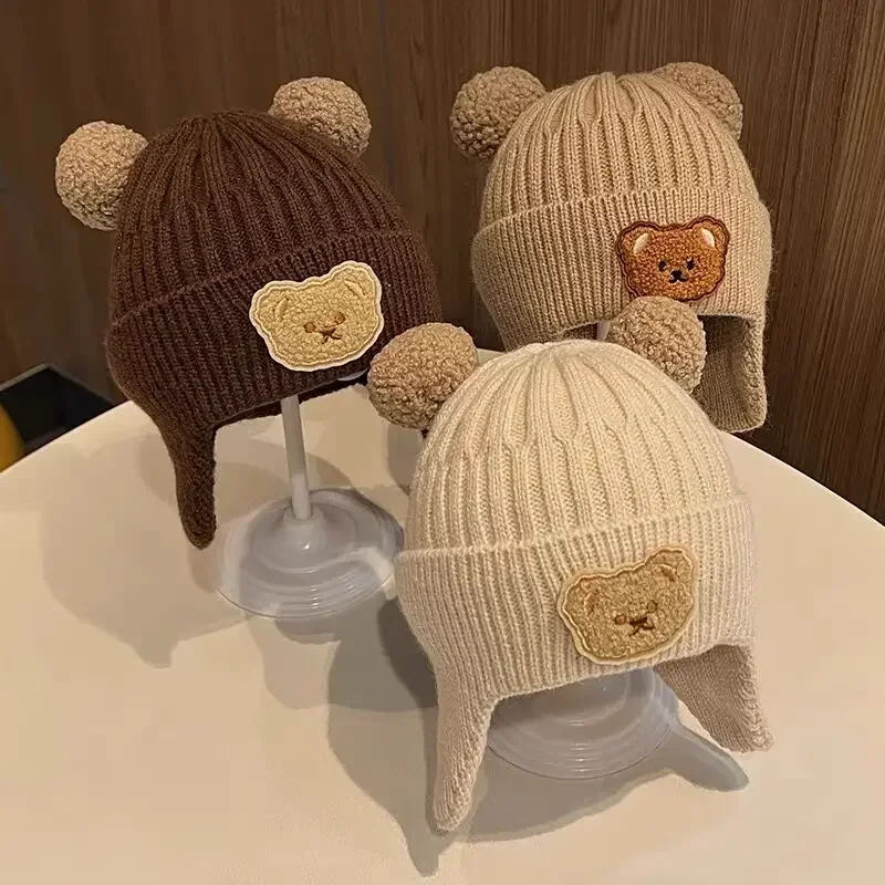 Bonnet Bébé Ours - Hiver, Tricot Torsadé, Doux Et Chaud, Cache-oreilles, Pour Garçon Et Fille, Automne/hiver