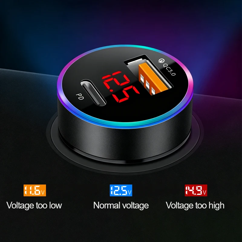 고속 차량용 충전기 듀얼 포트 LED 전압 표시 기능 타입 C PD QC3.0 USB 시거잭 어댑터 휴대폰 트럭 SUV 충전용