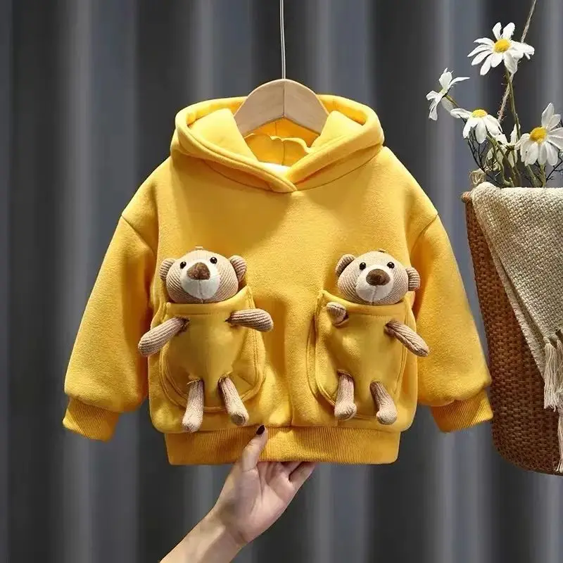 

Children's Hoodie Solid Color Cartoon Bear Fleece-lined Pullover Girls Autumn Winter Korean Style Loose Long Sleeve Tops