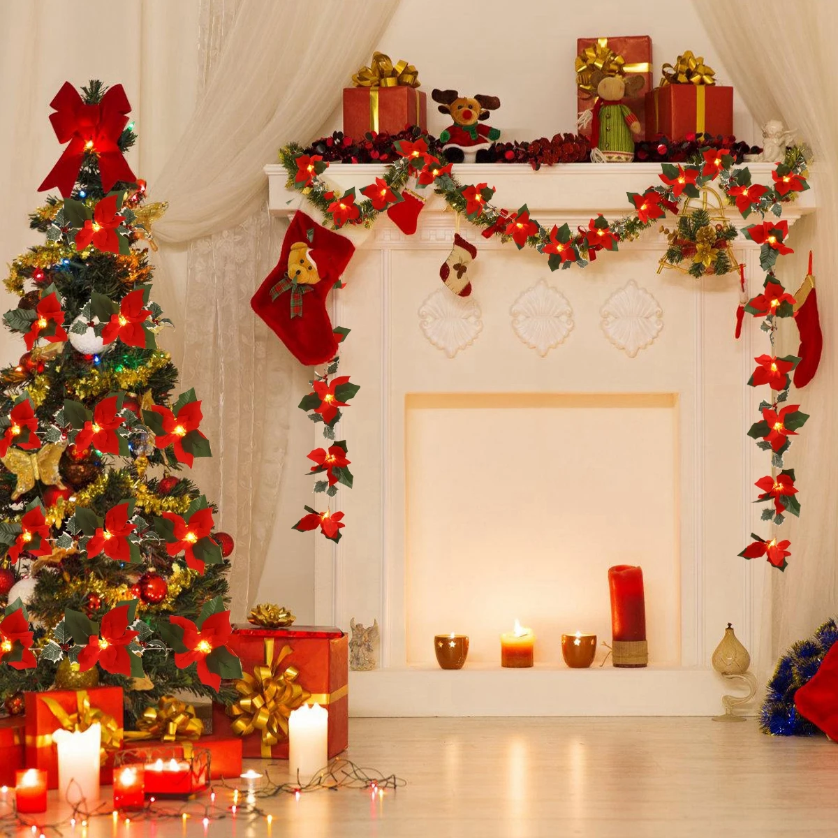 2M10LED Christmas Garland Lighting Strings Artificial Red Flowers Holly Leaves For Home 2024 Xmas Ornament New Year Gifts 2025_voghion.com