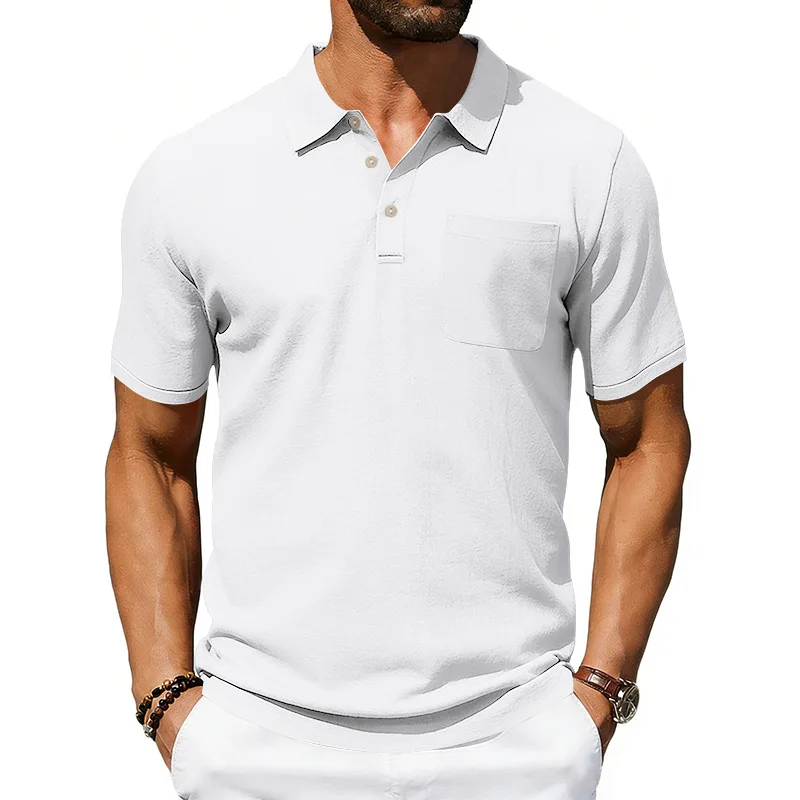 Polo da uomo in lino con risvolto e taschino, vestibilità ampia, traspirante, a maniche corte, stile casual streetwear europeo-americano, collezione Estate 2026 - immagine 3