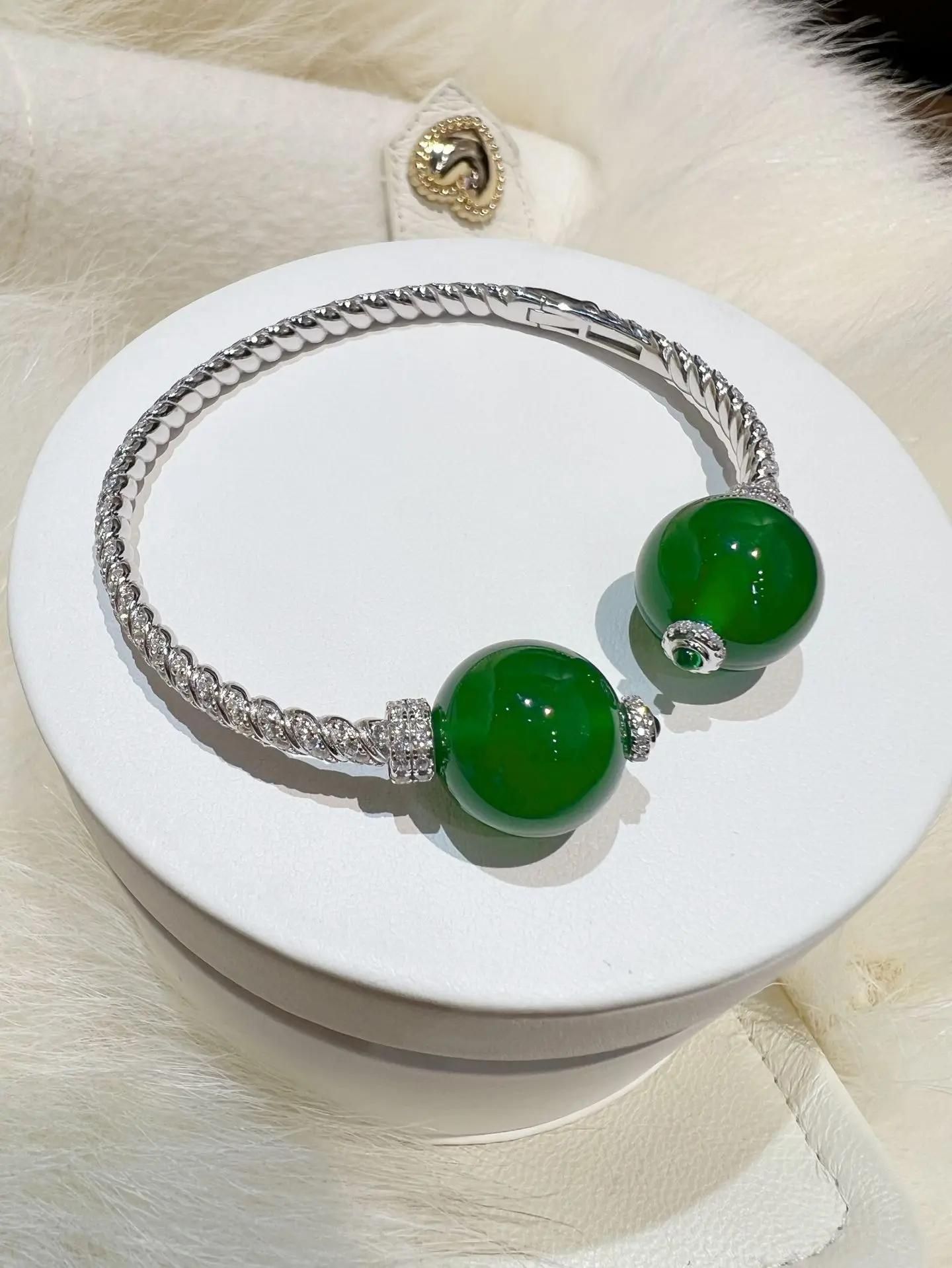 

ZOCA Vintage 925 Sterling Silver Natural Green Round Agate Gemstone Open Bangle Bracelets For Women Jewelry Anniversary Gifts